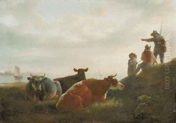 A pastoral landscape with cattle and fishermen by a river - view 1