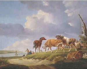 A river bank with herdsmen resting and tending their cattle
