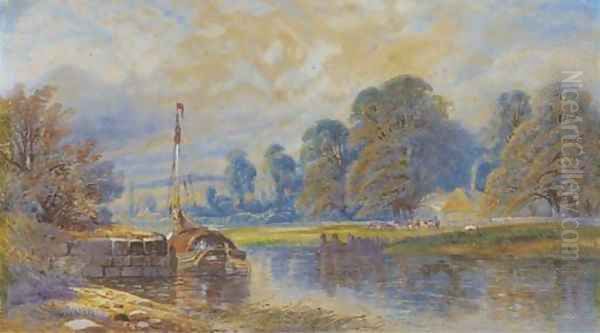 A barge moored on a river, with cattle grazing before a hamlet beyond - view 1