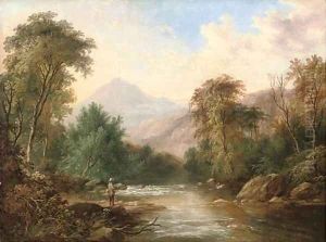 An angler in a mountainous river landscape