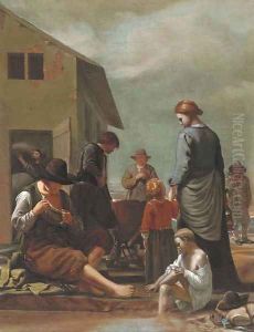 A peasant family with a man defleaing himself