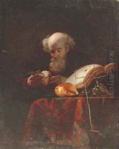 An old man studying shells