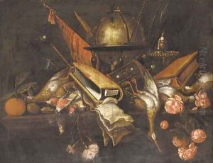A globe, a book, an hourglass, dead game, roses, fruit and weapons on a table by Petrus Schotanus