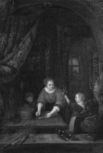A maid, at a draped stone window, cutting carrots A maid, at a draped stone window, cutting carrots