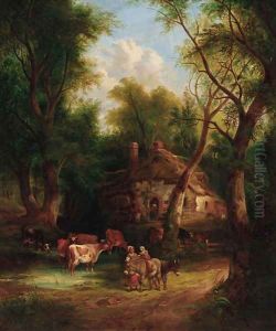 Countryfolk before a cottage in a wooded landscape by William Joseph Shayer