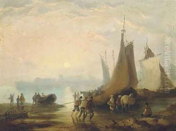 Figures on a beach unloading the catch - view 1