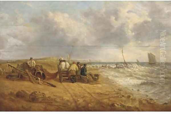 Fishermen on a windy beach - view 1