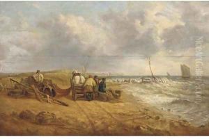 Fishermen on a windy beach by William Joseph Shayer