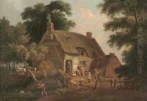 Countrymen and animals before a thatched cottage - view 1