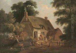 Countrymen and animals before a thatched cottage by William Joseph Shayer