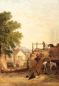 Donkeys descending a rocky path, a cottage beyond
