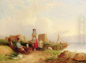 Fisherfolk before a landing stage; and Peasants resting before an extensive coastal landscape by William Joseph Shayer