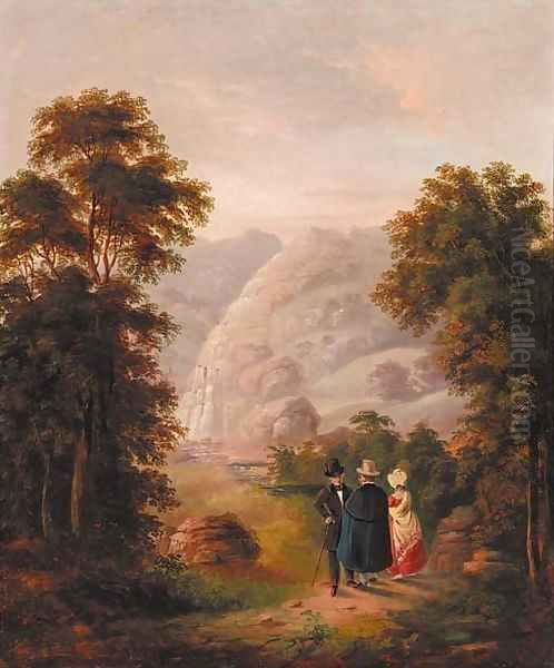Figures before a waterfall in a mountainous landscape - view 1