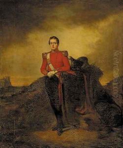 Portrait of an officer, small full-length, in a landscape, a castle beyond by Irish School