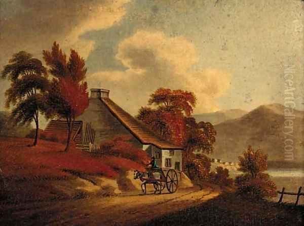 A figure riding a horse and trap outside a cottage, a mountainous lake landscape beyond; and Another similar - view 1