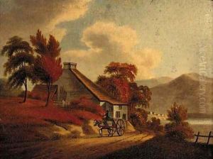 A figure riding a horse and trap outside a cottage, a mountainous lake landscape beyond; and Another similar