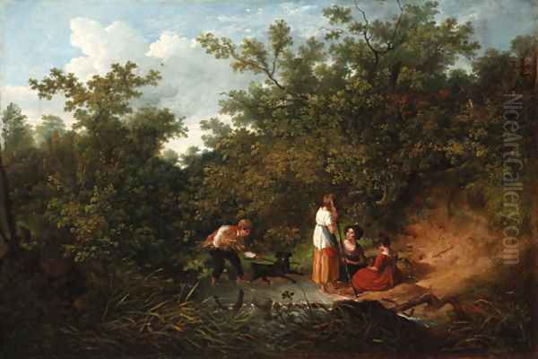 Children playing by a pond in a wood - view 1