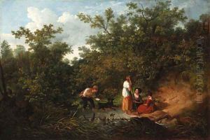 Children playing by a pond in a wood by Irish School