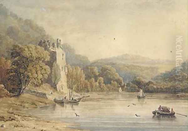 Fishermen on a lake below a ruined castle - view 1