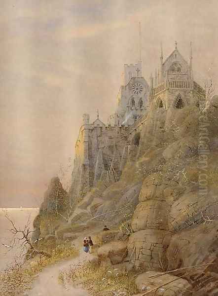 Figures on a path leading to a cathedral - view 1