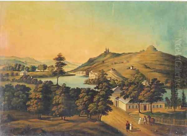 Figures at a lakeside village - view 1