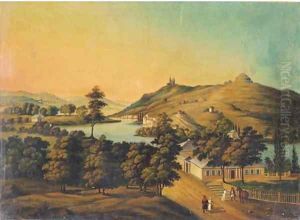 Figures at a lakeside village by Polish School