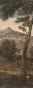 A hillside landscape with travellers on a track, a fortress above by South Italian School