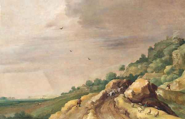 An extensive landscape with drovers on a rocky path by a river - view 1