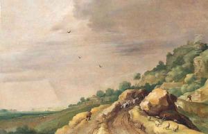 An extensive landscape with drovers on a rocky path by a river by Adriaan van Stalbemt