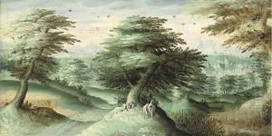 A wooded landscape with a carter resting, a town and mountains beyond by Adriaan van Stalbemt
