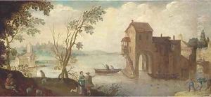 A wooded river landscape with a boathouse and fishermen by Adriaan van Stalbemt