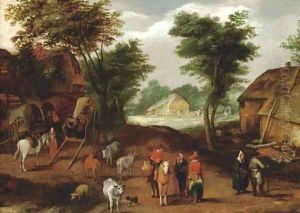 Travellers conversing in a village by Adriaan van Stalbemt