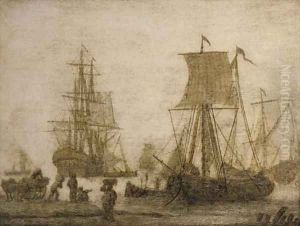 Shipping in a harbour with figures on a shore a penschildrij by Adriaen Van Salm