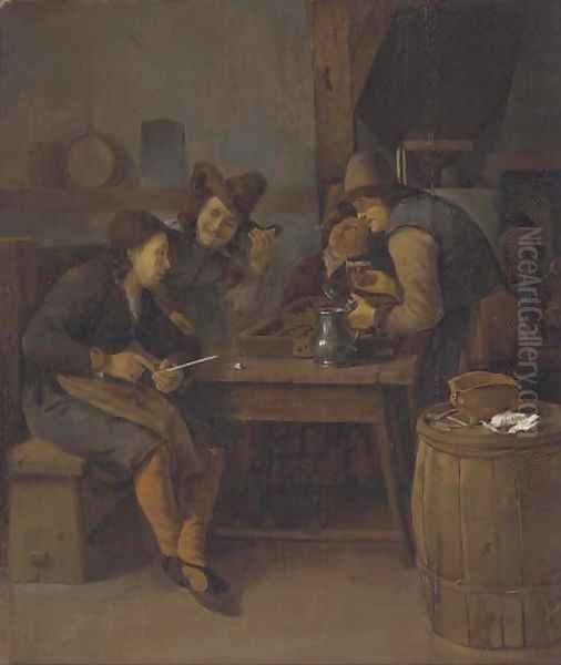 A tavern interior with men drinking, smoking and playing backgammon - view 1