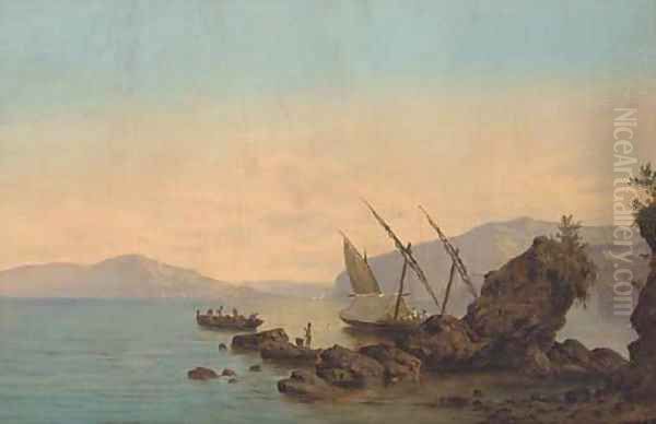 A xebec moored in the bay of Naples, her crew fishing from a longboat - view 1