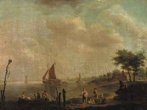 A fisherman's family on a riverbank, in summer by Hendrik Willem Schweickhardt
