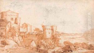 A fortified bridge by a tower, an extensive river landscape beyond by Jacob I Savery