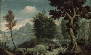 A mountainous River Landscape with the Prodigal Son, a view of Verona beyond
