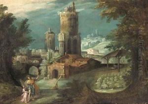 An extensive Italianate landscape with Jacob wrestling with the Angel by Jan Soens