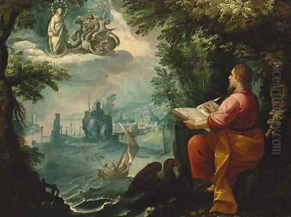 Saint John the Evangelist on the island of Patmos writing the book of Revelation - view 1