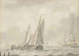 Barges in close quarters at the mouth of the estuary by Johannes Christian Schotel