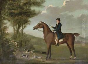 A huntsman on his hunter in an extensive landscape, with hounds jumping a gate by John Nost Sartorius