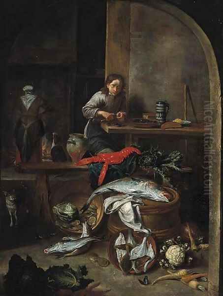 A boy preparing mussels by a table - view 1