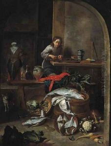 A boy preparing mussels by a table