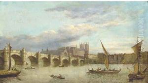 Vessels on the Thames, with Westminster Bridge and Abbey beyond; and View down the Thames of London Bridge by Samuel Scott