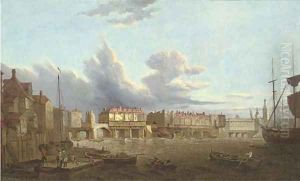 An extensive view of old London Bridge from the East, with the church of St. Magnus and the Monument beyond