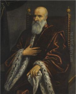 A Portrait Of A Bearded Venetian
 Senator, Seated, Three Quarterlength, Wearing A Red Velvet Robe With 
Fur Lining by Jacopo Tintoretto (Robusti)