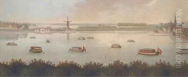 Barges on a lagoon by a Dutch settlement - view 1