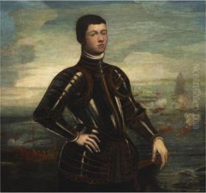 A Portrait Of A Young Admiral, 
Standing Three-quarter Length, Wearing Armour, Before A Naval Battle