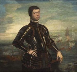 A Portrait Of A Young Admiral, 
Standing, Three-quarter Length, Wearing Armour, Before A Naval Battle